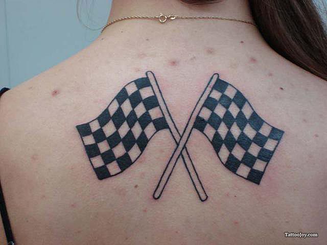 Black Checkered Flag Tattoo On Girl Upper Back