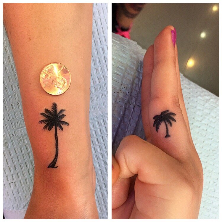 Black Coconut Tree Tattoo On Wrist And Finger