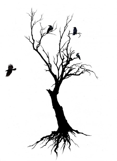 Black Crows Sit In Without Leaves Tree Tattoo Design