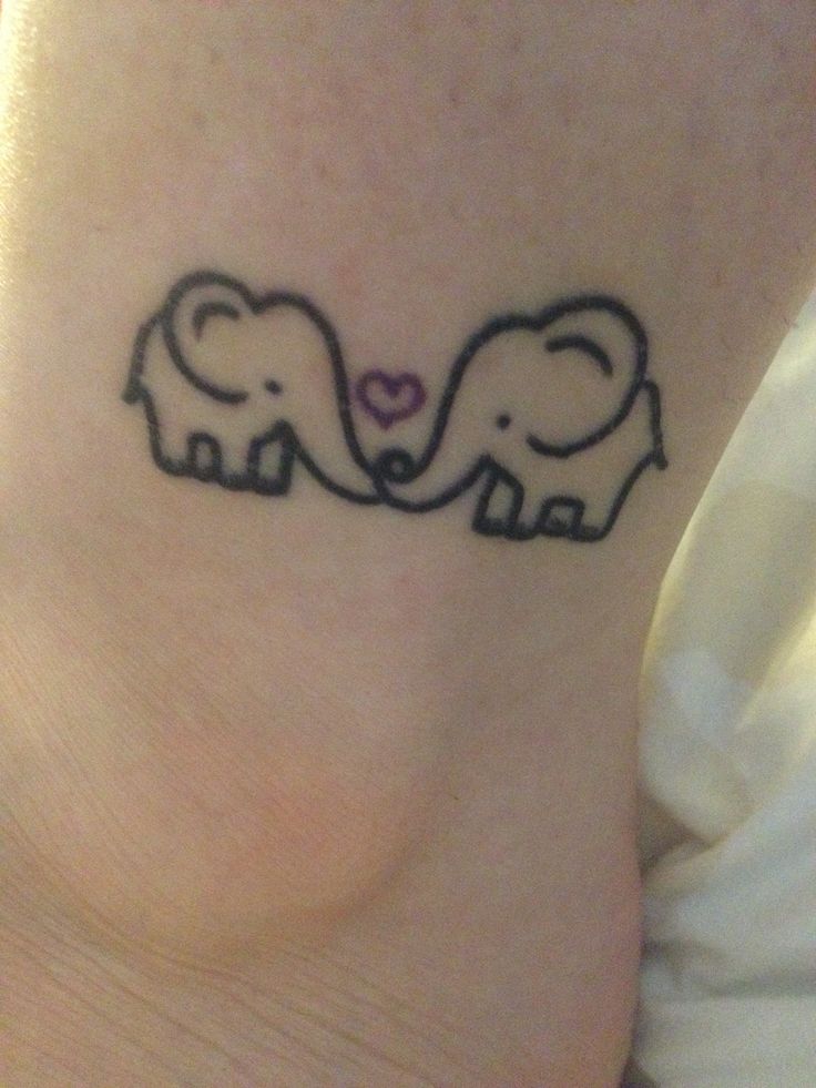 Black Cute Two Elephant Calf With Purple Tiny Heart Tattoo On Ankle