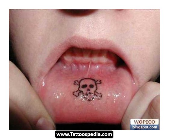 Black Danger Skull Tattoo On Inner Lip