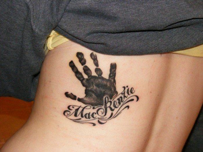 Black Daughter Hand Print Tattoo On Side Rib