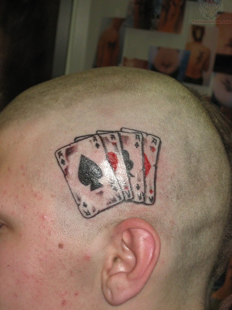 Black Gambling Ace Of Spade Tattoo On Man Head