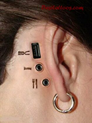 Black Geek Tattoo On Behind The Ear