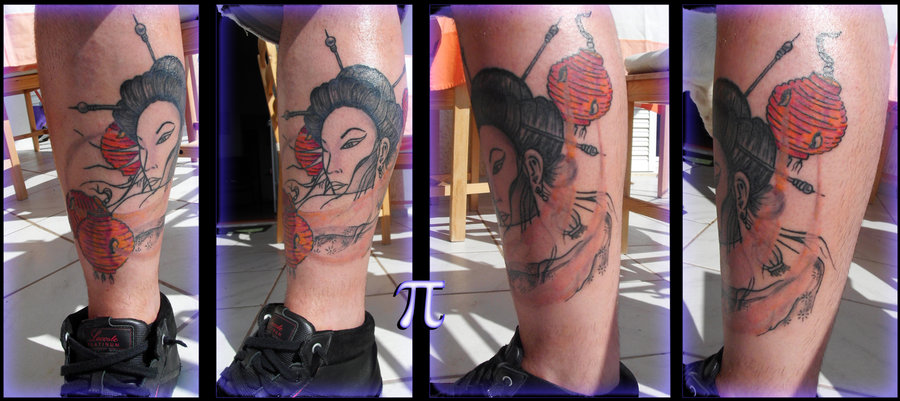 Black Geisha Face With Paper Lamp Tattoo On Leg Calf By Engraved Circus Tattoo Parlour