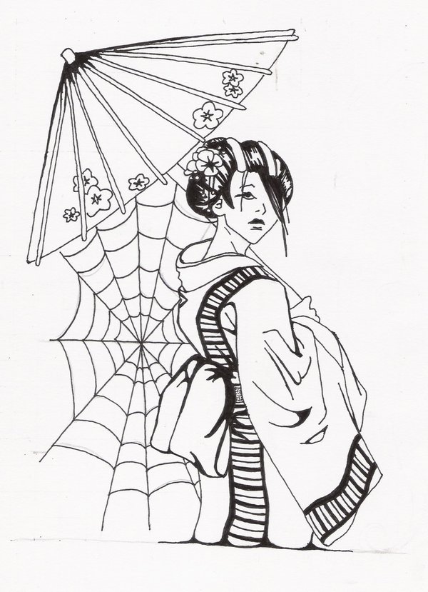 Black Geisha With Umbrella Tattoo Stencil By Rick