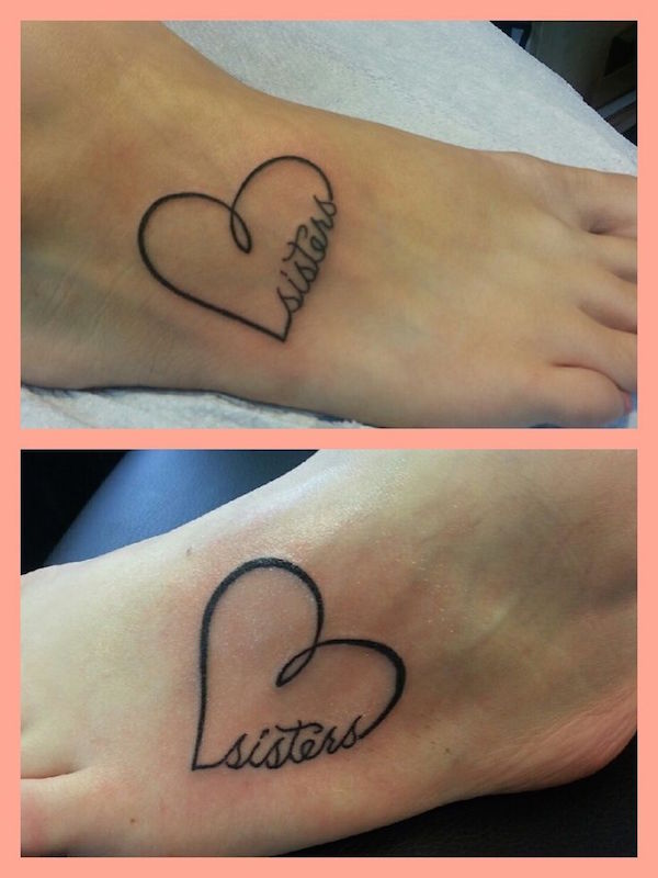 Black Heart Sister Tattoo On Foots