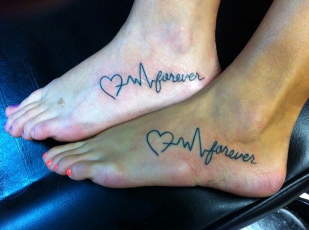 Black Heart With Heartbeat Forever Tattoo On Couple foot