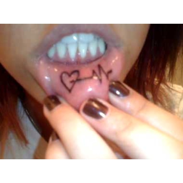 Black Heart With Heartbeat Tattoo On Inner Lip