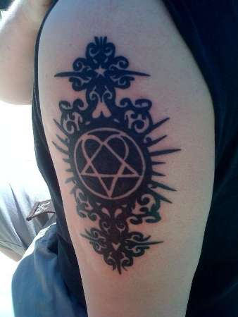 Black Heartagram Tattoo On Left Half Sleeve