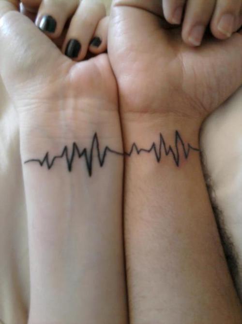 Black Heartbeat Tattoo On Couple Wrist