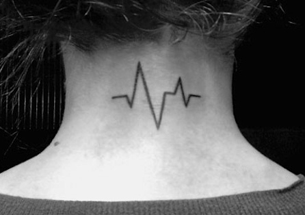 Black Heartbeat Tattoo On Girl Back Neck