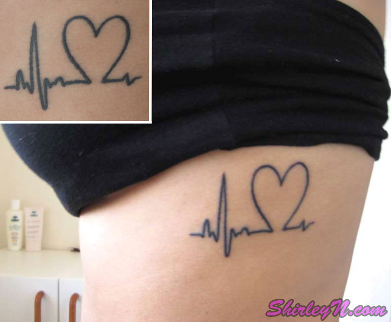 Black Heartbeat With Heart Tattoo On Girl Side Rib