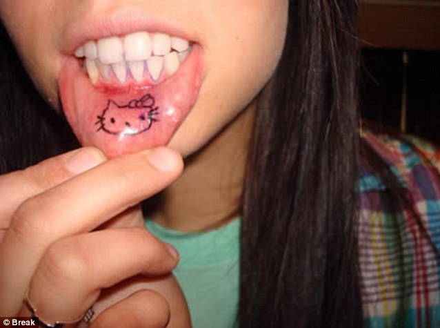 Black Hello Kitty Tattoo On Girl Inner Lip