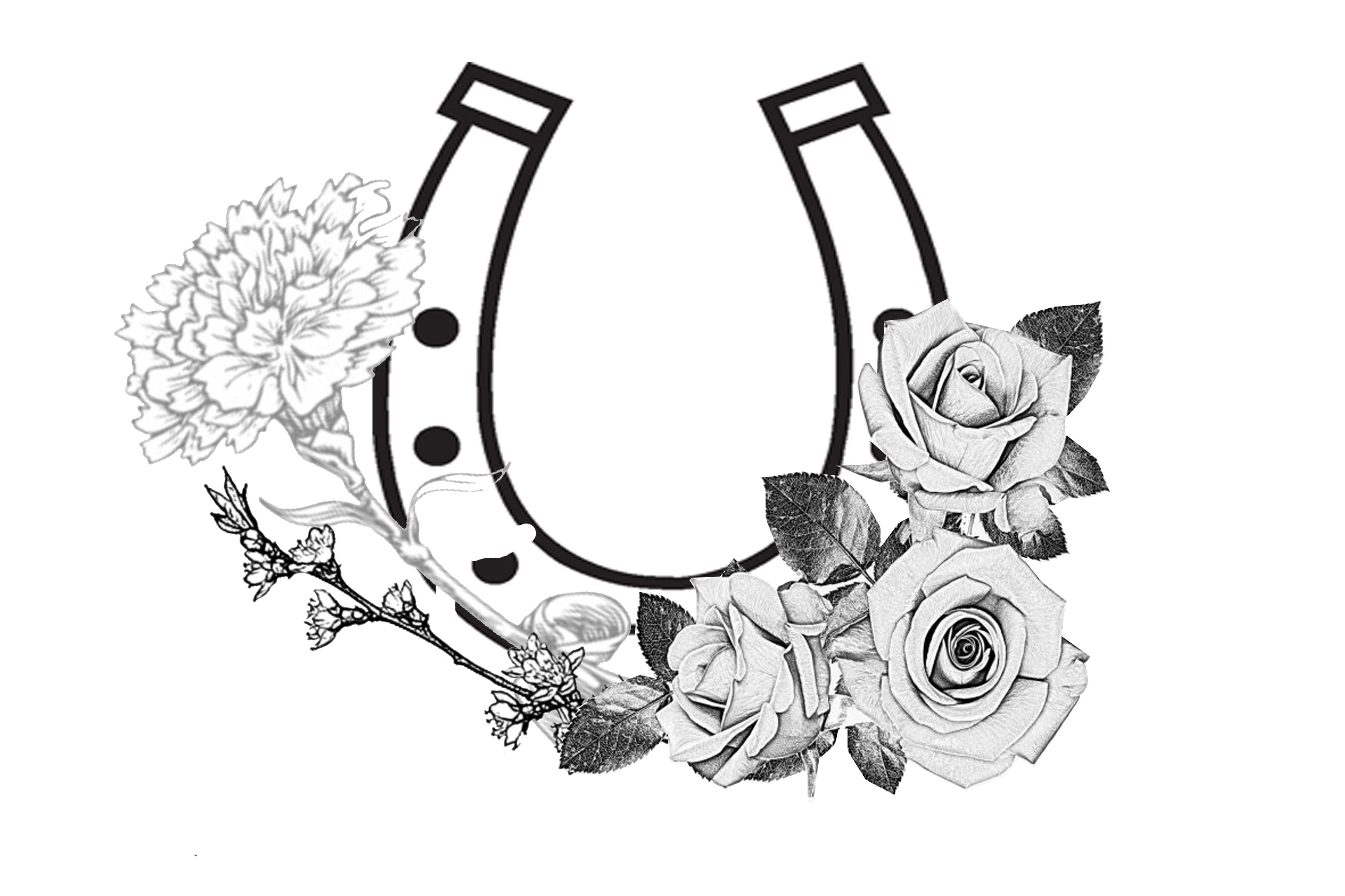 Black Horseshoe With Flowers Tattoo Design