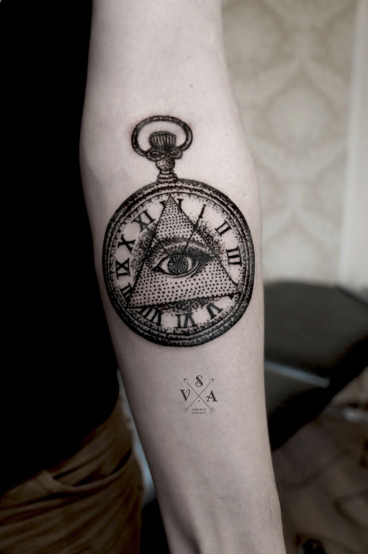 Black Illuminati Eye In Pocket Watch Tattoo On Forearm By Andrey Svetov