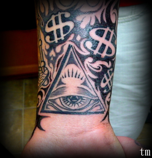 Black Illuminati Eye With Money Symbol Tattoo On Wrist