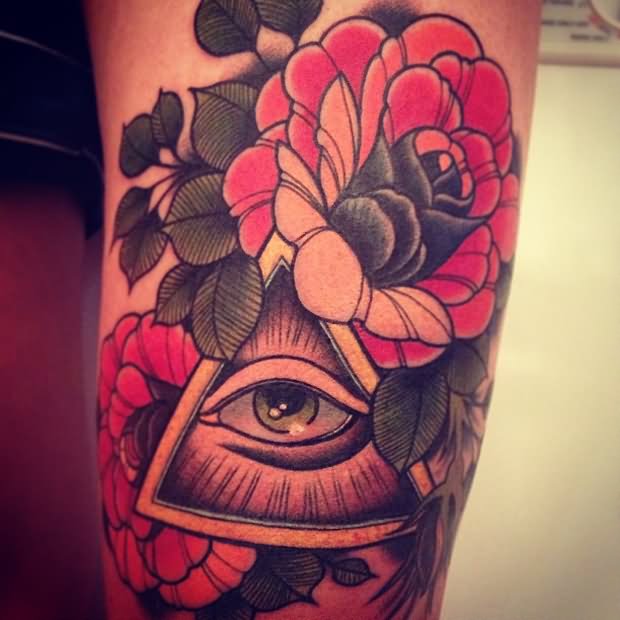 Black Illuminati Eye With Red Roses Tattoo Design