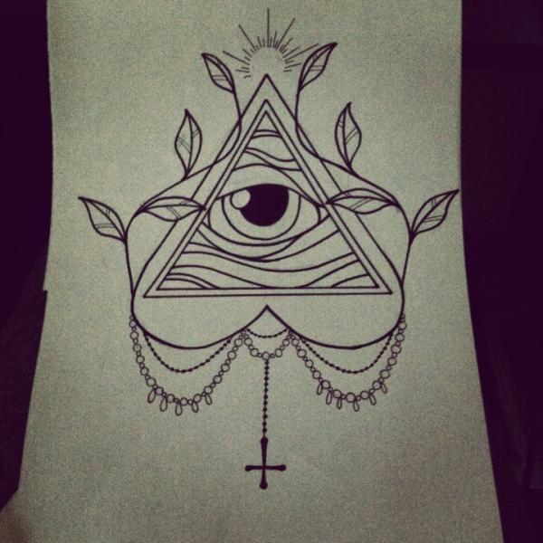 Black Illuminati Eye With Rosary Cross Tattoo Design