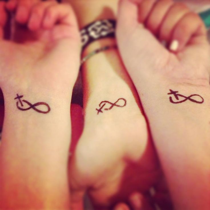 Black Infinity Cross Tattoo On Three Sister Wrists