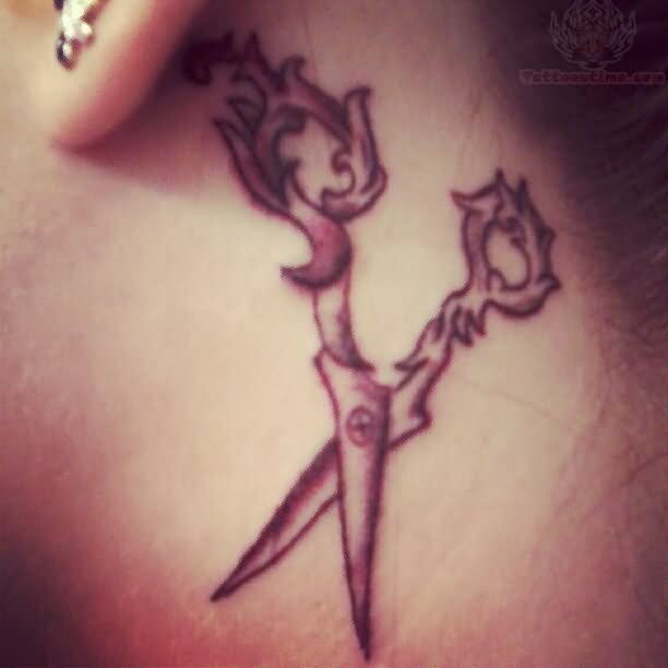 Black Love Scissor Tattoo On Side Neck