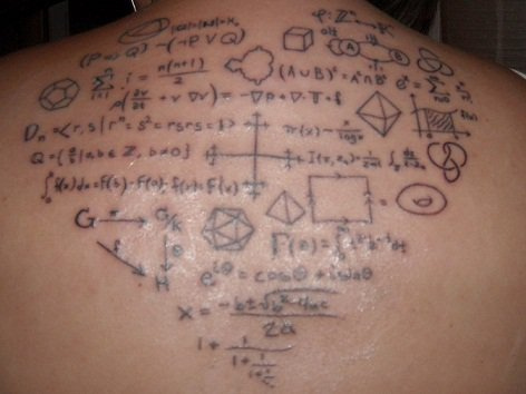 Black Math Formulas And Diagram In Heart Shape Tattoo On Upper Back