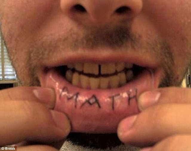 Black Math Tattoo On Man Inner Lip