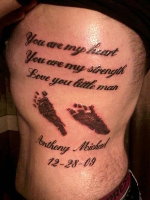 Black Memorial Daughter Feet Prints With Quote Tattoo On Side Rib