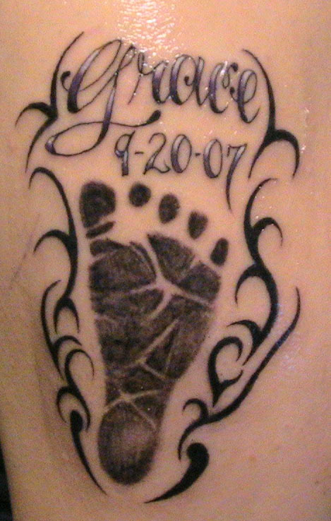 Black Memorial Daughter Foot Print Tattoo Design