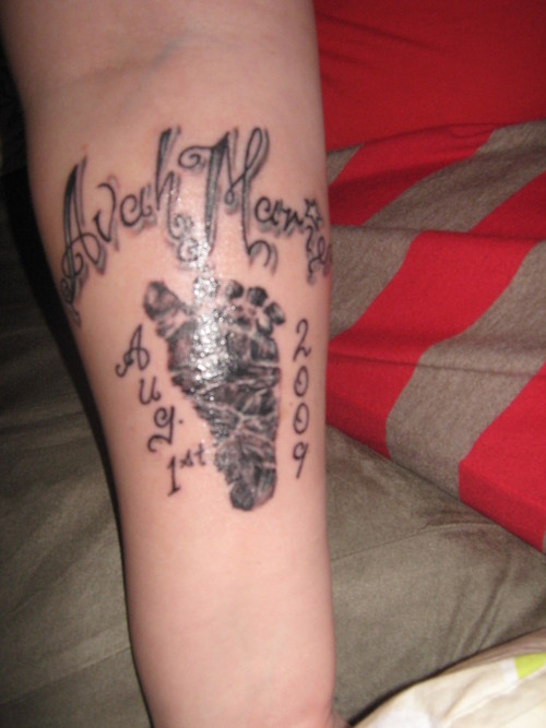 Black Memorial Daughter Foot Print Tattoo On Forearm