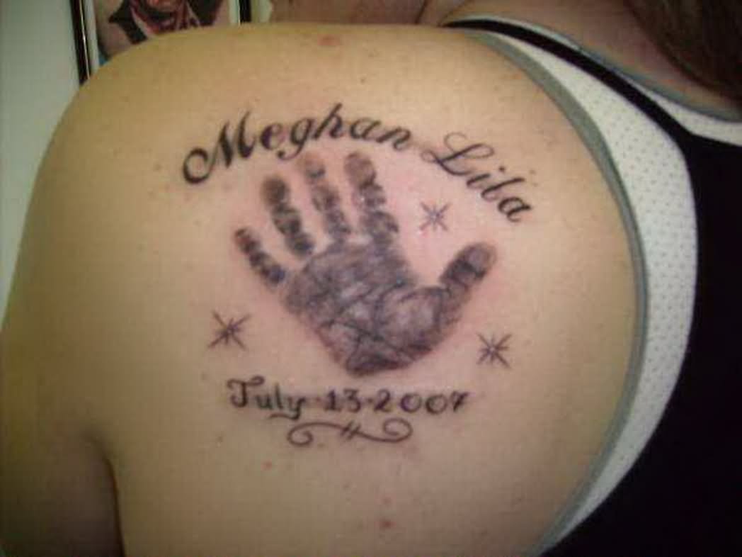 Black Memorial Daughter Hand Print Tattoo On Man Back Shoulder