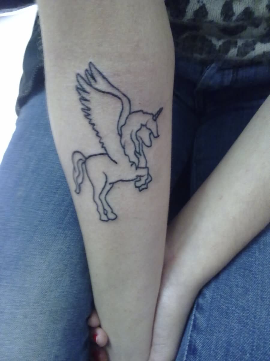 Black Outline Unicorn With Flying Wings Tattoo On Forearm By PurpleRiot
