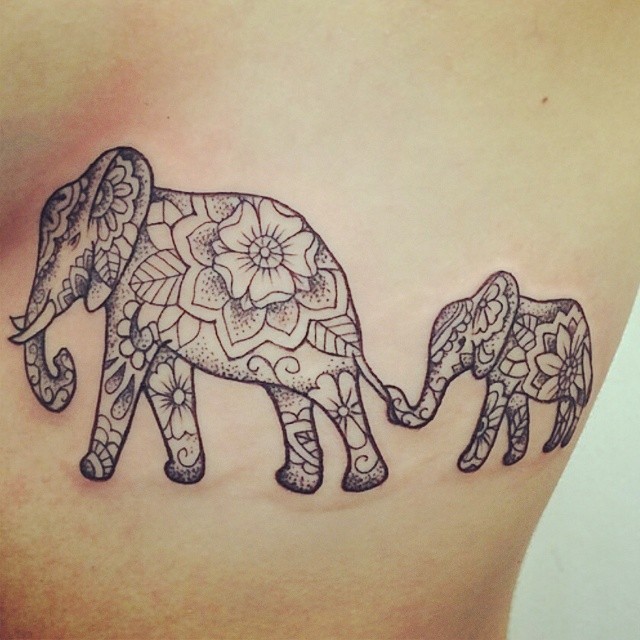 Black Polynesian Elephant With Elephant Calf Tattoo Design