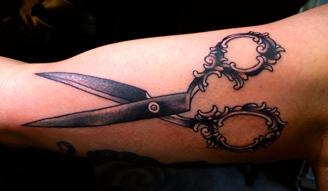 Black Scissor Tattoo On Half Sleeve