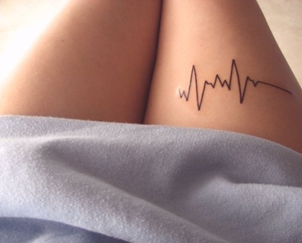 Black Simple Heartbeat Tattoo On Girl Thigh