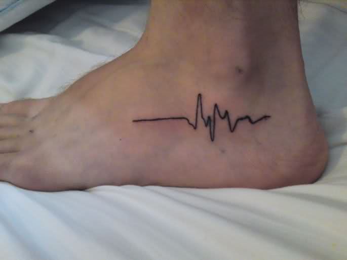 Black Simple Heartbeat Tattoo On Heel