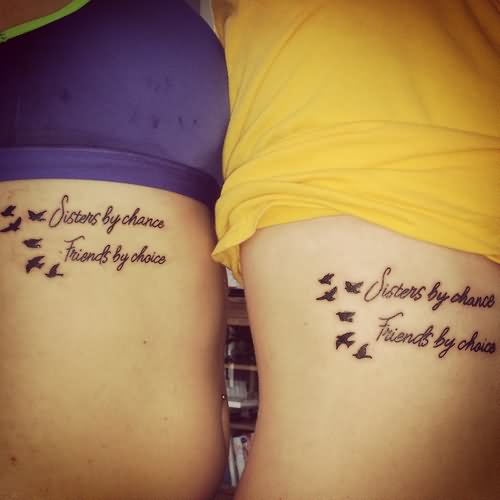 Black Sister Quote With Flying Birds Tattoo On Girls Side Rib
