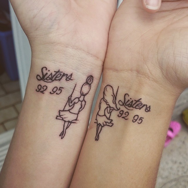 Black Sister Sit On Swing Tattoo On Both Wrists