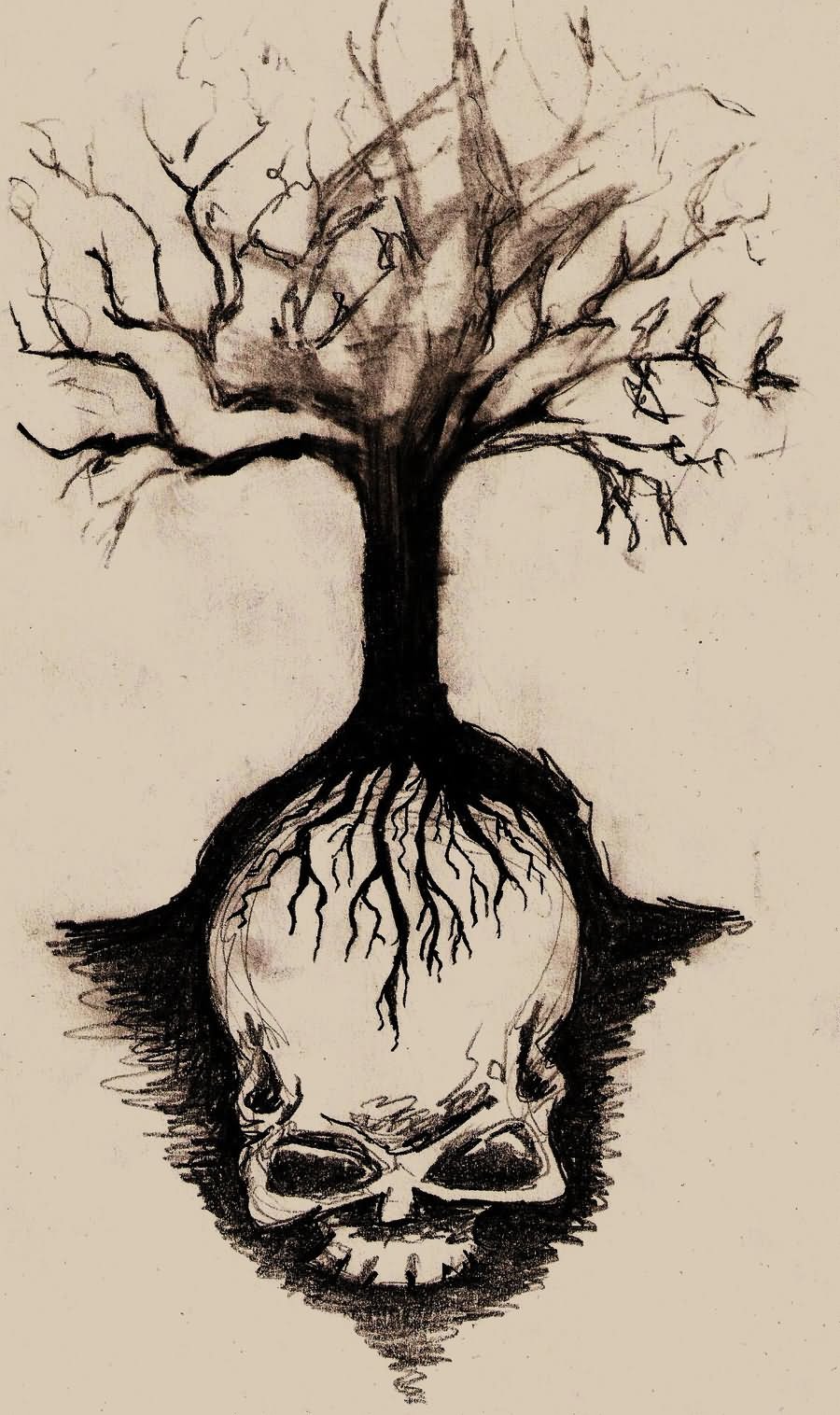 Black Skull In Without Leave Tree Root Tattoo Design By Linda