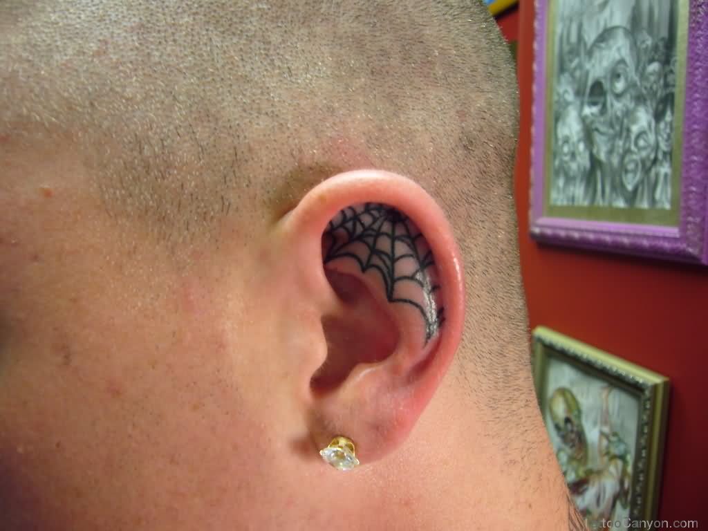 Black Spider Web Tattoo On Inside The Ear
