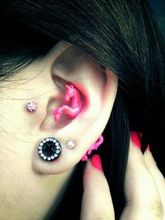 Black Stud Lobe And Conch Piercing With Horse Stud
