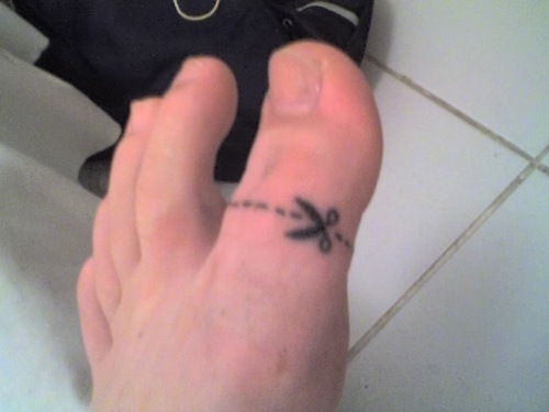 Black Tiny Scissor Tattoo On Foot Thumb