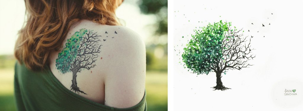 Black Tree Half Without Leave Tattoo On Girl Back Shoulder By Tanya Shatseva