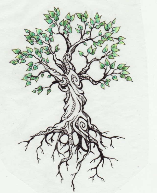 Black Tree With Green Leaves Tattoo Design
