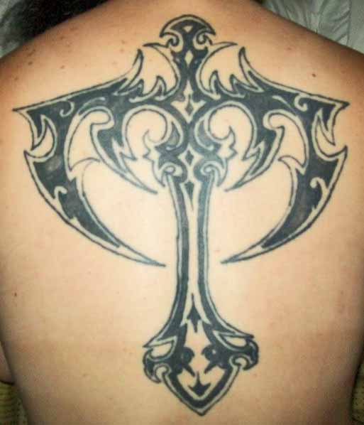 Black Tribal Gothic Cross Tattoo On Full Back