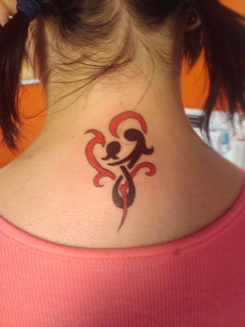 Black Tribal Mother With Daughter Tattoo On Girl Back Neck