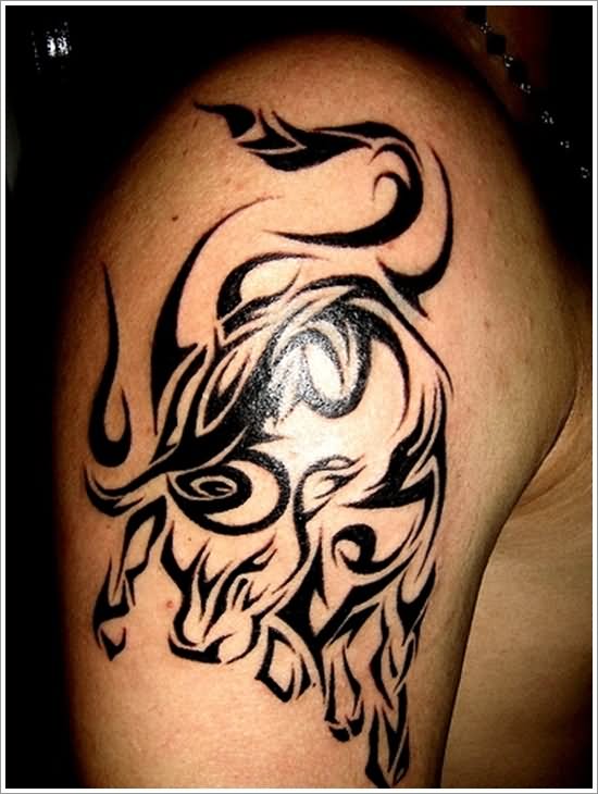Black Tribal Zodiac Taurus Tattoo On Shoulder