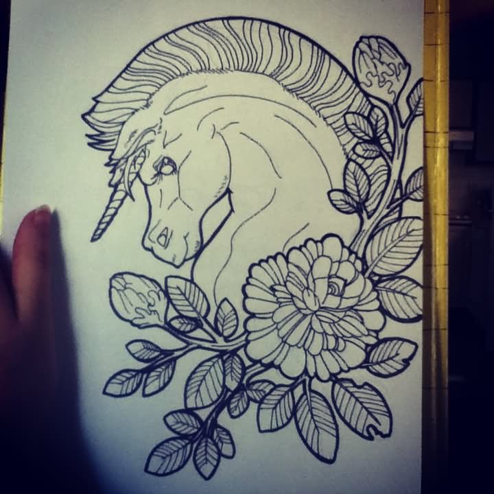 Black Unicorn Head With Flower Tattoo Design By Karolane R