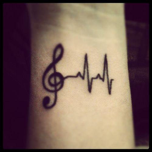 Black Violin Key With Heartbeat Tattoo On Wrist