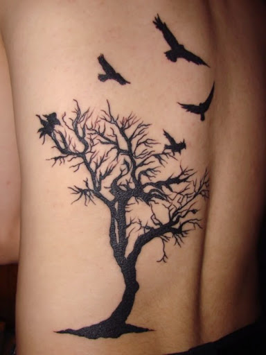 Black Without Leaves Tree With Flying Crows Tattoo On Back